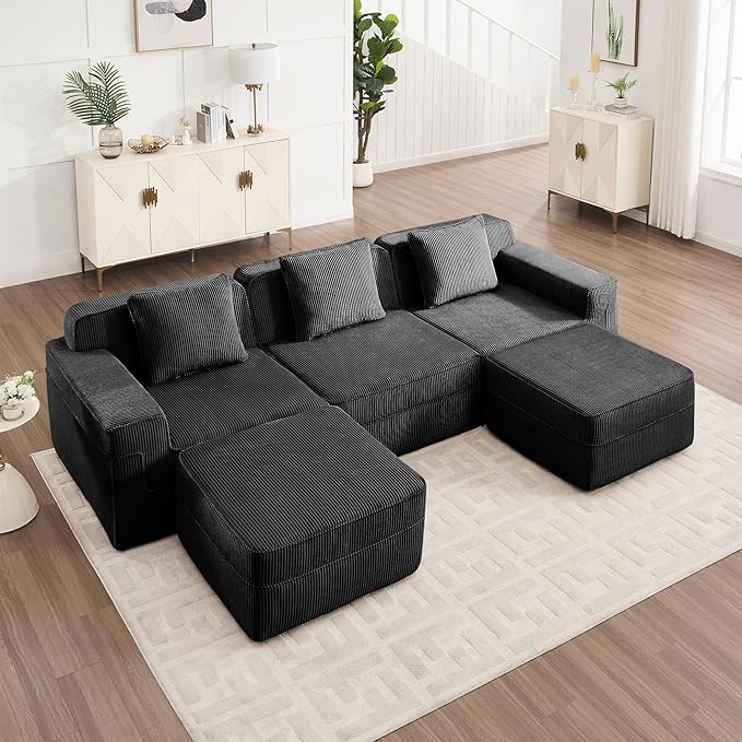 117.3 Compressed Sofa with Deep SeatsBoneless Sectional Couch with High Density Memory Foam SofaU Shaped Black 3 Seater Sofa for Living Room ApartmentsNo Assembly