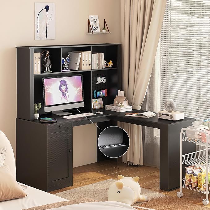 L Shaped Computer Desk with Pegboard &amp Charging StationHome Office Corner Desk with Drawer Bookshelf &amp Hutch Writing Desk with StorageComputer Desk for BedroomOfficeLiving Room (Black)