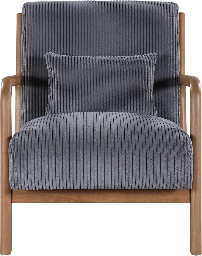 Wooden Accent Arm Chair Mid Century Armchair Comfy Modern Corduroy Accent Chair Boho Arm Chair with Pillow for Bedroom Lounge Living Room (Gray)