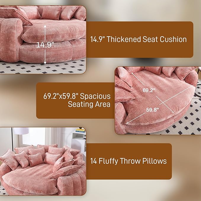 81 Round Sofa Bed Big Bean Bag Round Chaise Lounge Oversized Round Couch Boneless Reading Chair Plush Fluffy Chenille Large Chaise Chair for Living Room Bedroom Apartment Pink
