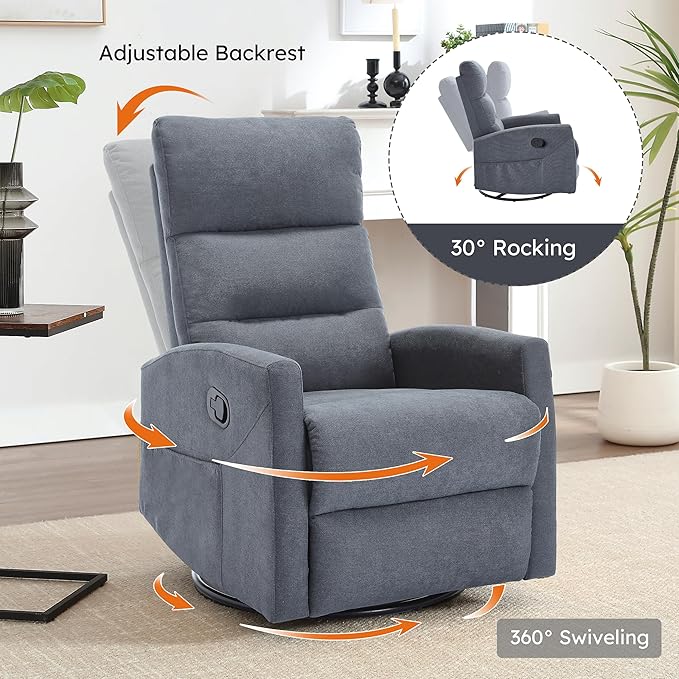 360° Swivel Rocking Chair for Nursery Manual Glider Chair Nursing Chair with Side Pockets Polyester Glider for Living Room Heavy Duty Motion Mechanism Gray