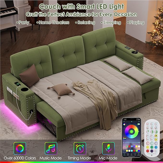 HIFIT Sleeper Sofa Bed- 81 L Shaped Pull Out Couches for Living Room with Storage Chaise Storage Armrest LED Light&ampUSB Port&ampCupholder Modern Velvet Sectional Home Sofa Living Room Furnitur