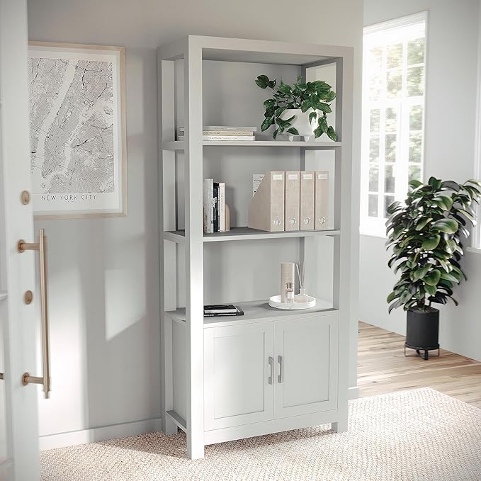 Martha Stewart Hutton Home Office Desk and Four Tier Bookcase Bundle in Gray with Brushed Nickel Hardware