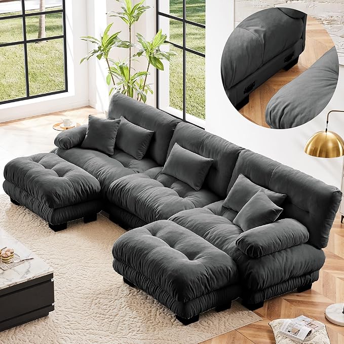 KEIKI 133 Sectional Sofa with Removable Ottomans Gray 5 Seat U Shaped Sleeper Cloud Couch Set Comfy Chenille Upholstered Modular SofaBed for Apartment Living Room Throw Pillows Dark Grey