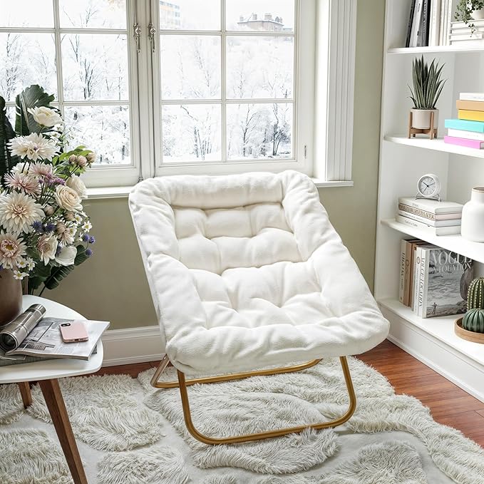 Flash Furniture Archer Saucer Chair with Folding Steel Frame Portable Oversized Saucer Chair for Dorm or Bedroom 28 Ivory Faux Shearling/Soft Gold Frame