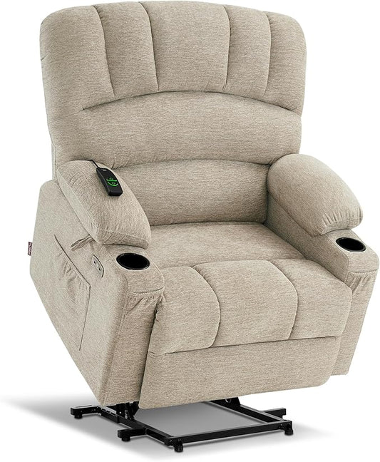 MCombo Oversized Power Lift Recliner Chair for Elderly Lift Chair with Heat and Massage Lift Recliner for Big and Tall Cup Holders USB &amp Type C Ports Fabric R7092 (Beige Oversize)