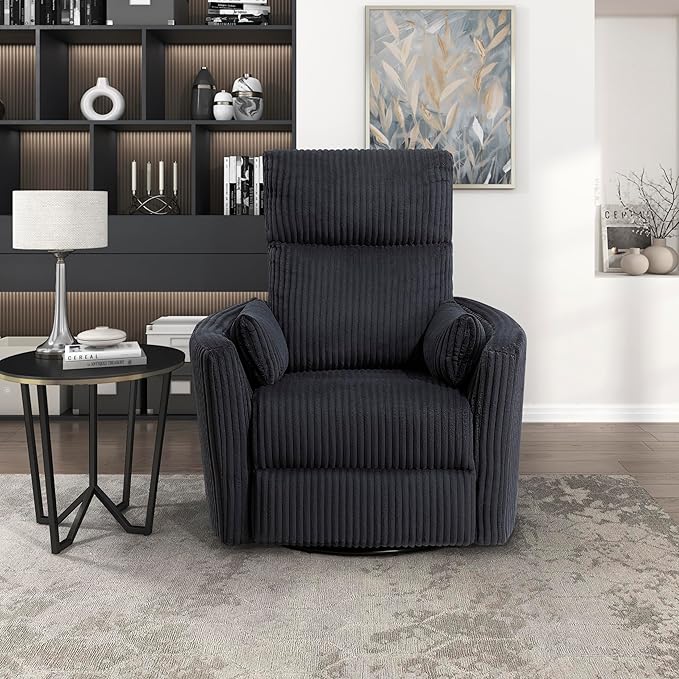 Lexicon Modern Swivel Glider Recliner Chair Nursery Glider Corduroy Fabric Upholstery Recliner with 2 Lumbar Pillows Manual Reclining Sofa Chair for Living Room/Office/Apartment Black