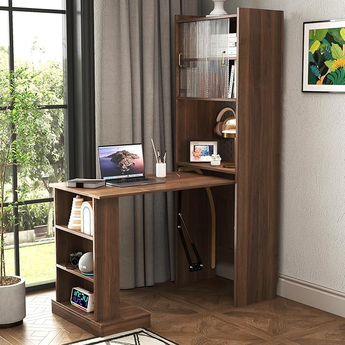 Computer Desk with Glass Door Home Office DesksFolding Desk with StorageSpace-Saving Foldable Computer Desk for Small SpacesWriting Study Table for Home OfficeBedroomDormApartment