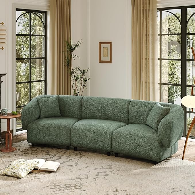 Merax 98.5 Modern 3 Seater Curved Sofa Luxury Boucle Fabric Sofa Minimalist Cozy Cloud Couch for Living Room Bedroom Apartment Home Office Green
