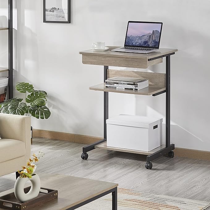 Topeakmart Gray Art Deco Desk Rolling Computer Desk Cart with Drawer Small Space Solution for Writing Laptop PC 22 x 20.1 x 31.5 inches