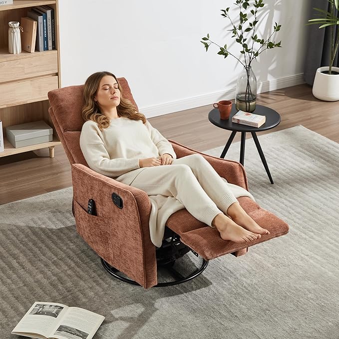 PELUMY 360 Swivel Rocking Recliner Chair for Adults Nursery Rocking Chair with Heat and Massage Glider Reclining Chair for Small Space Living Room Bedroom (Chenille Orange)