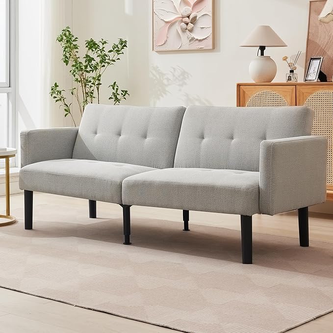 Convertible Futon Sofa Bed 75.5” Linen Flannel Loveseat Couch Bed With Solid Wood Legs &amp 700lbs Capacity Modern Adjustable Folding Recliner Sleeper Sofa for Living Room Apartment Office - Gray