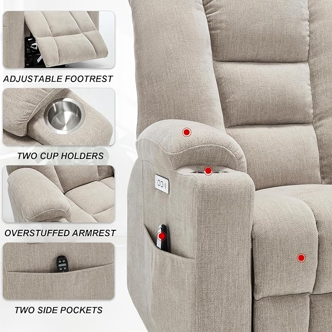 Power Lift Recliner Chair for Eldery Chenille Electric Recliner Chairs with Massage and Heat Remote Control Standing Assistance Lay Flat Recliner Sofa for Living Room Medium-FirmBeige