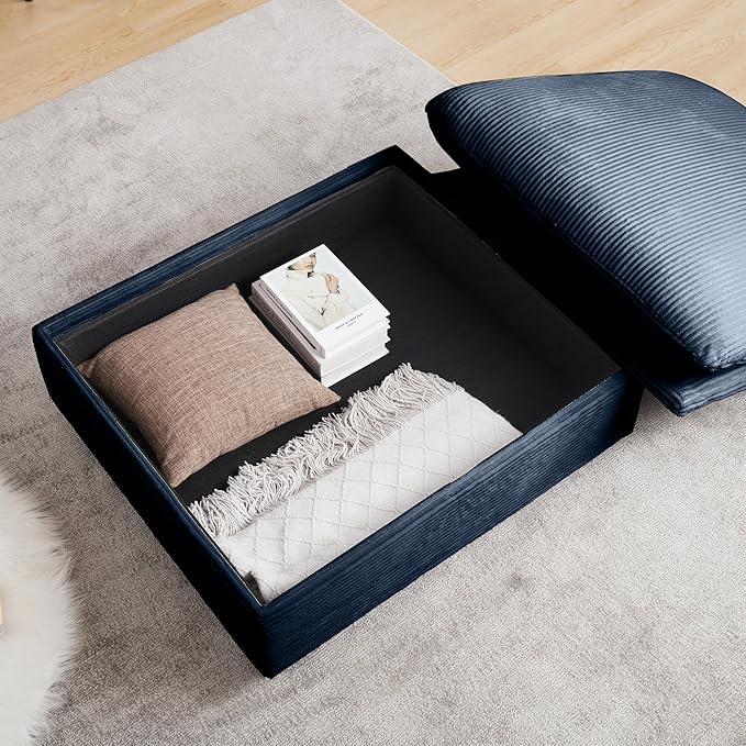 Corduroy Square Storage Ottoman with Removable Cushions 36.6 Inch Corduroy Fabric Cloud Ottoman Footrest for Modular Sofa Living Room Furniture Easy Assembly Blue