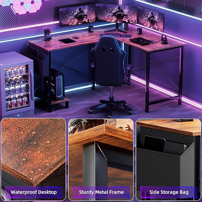 YSSOA 50 L Shaped Gaming Desk with Reversible Corner - Home Office Computer Desk with Wood Top Metal Frame CPU Stand &amp Storage Bag for Small Space Gaming Room Rust
