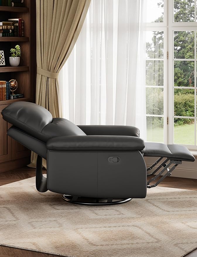 GAOMON Swivel Rocking Recliner Chair Manual Leather Recliner Glider with Lumbar Support &amp Padded Armrest Comfortable Rocker Nursery Single Sofa for Living Room and Bedroom (Black)