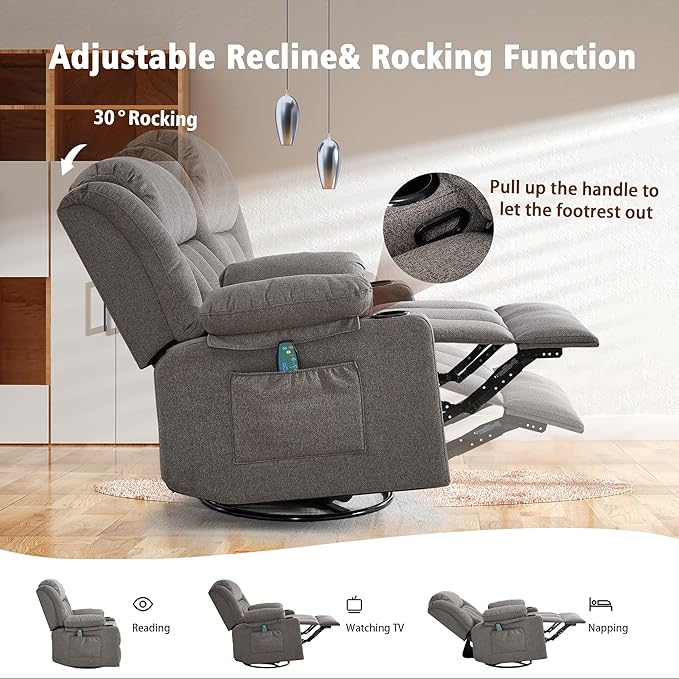 Rocker Swivel Recliner Chair for Adults Overstuffed Large Manual Recliner Glider with Massage and Heat Comfy Soft Fabric Living Room Reclining Sofa Chair (Smoked Gray)