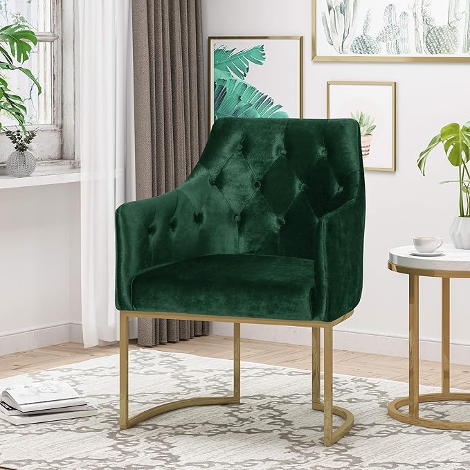 Christopher Knight Home Fern Modern Tufted Glam Accent Chair with Velvet Cushions and U-Shaped Base Emerald and Gold Finish 26D x 26W x 34H
