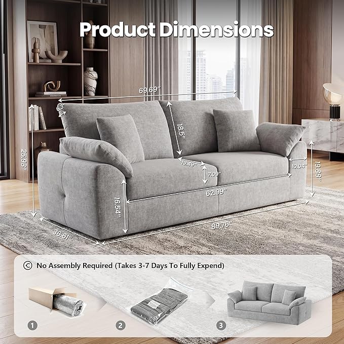 89.8 Modern Loveseat Sofa for Living Room Cloud Boneless Couches with 4 Pillows Mid Century Loveseat couches for Small Place No Assembly Required Light Grey
