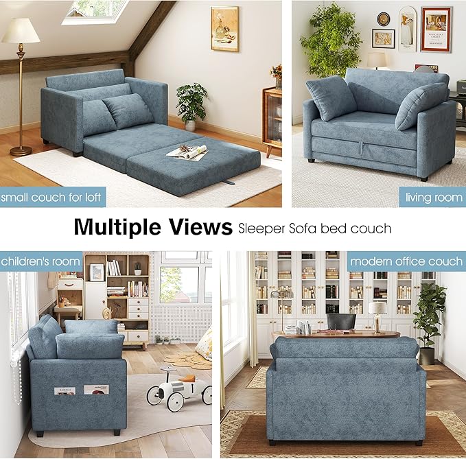 51 Loveseat Sleeper Sofa Bed Chenille Convertible Floor Sofa Bed for Small Spaces Folding Couch Bed with Deep Seat 2 Pillows &amp Solid Frame Pull Out Couch for Living Room Light Blue
