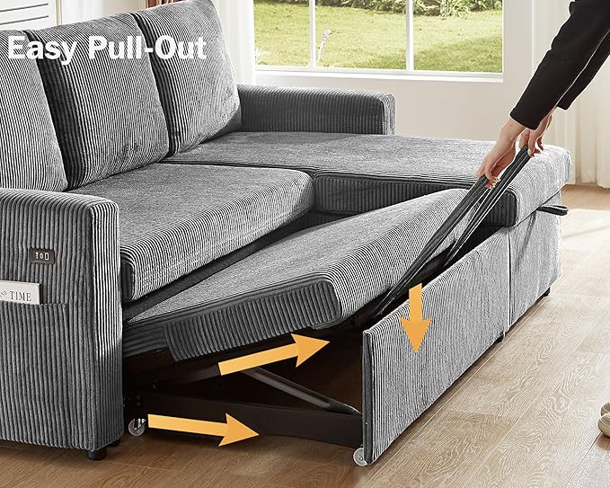 Vipbear 80 Sectional Sleeper Sofa Bed with Pull Out Bed L Shaped Couch Pull Out Couch with Reclining Backrest Reversible Storage Chaise USB Ports Tool-Free Assembly Corduroy Dark Grey