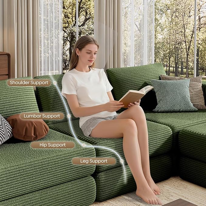L-Shaped Corduroy Modular Sectional Couch Modern Floor Couch Sofa for Apartment Living Room Convertible Sleeper Sofa Bed with 3 Pillows No Assembly Required Green