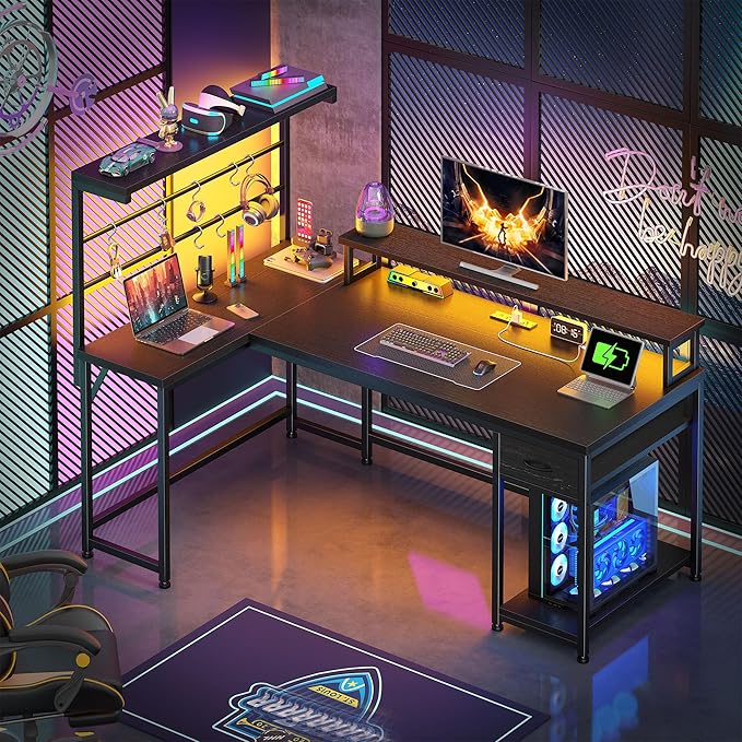 EnHomee 52.2'' Gaming Desk with LED Lights &amp Fabric Drawer L Shaped Computer Desk with Ergonomic Monitor Stand Reversible Office Desk with Hutch &amp Power OutletCorner Desk with HooksBlack