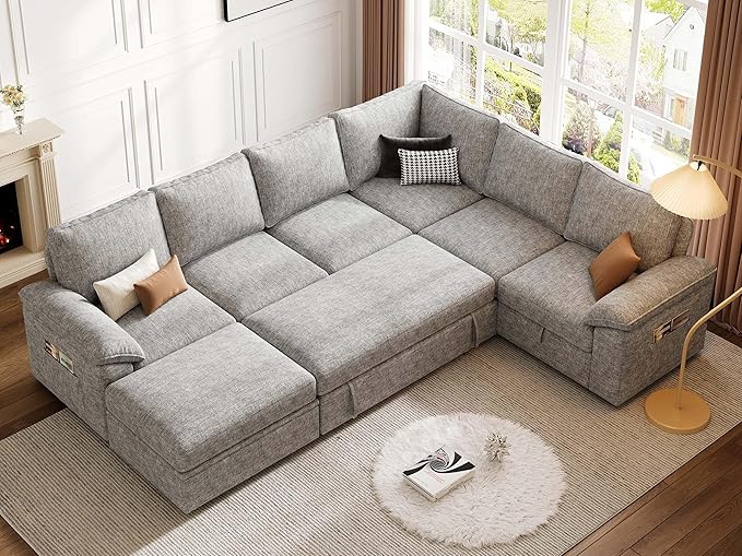 108 Inch Modular Sectional Sofa with Pull Out BedU Shaped 7 Seat Sectional Sleeper Sofa with StorageSectional Couches for Living RoomCloud Modular CouchRemovable Sofa CoverLight Gray