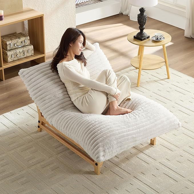 Armless Lazy Sofa Casual Single Sofa Oversized Chaise Lounge ChairCorduroy Fabric for Living Room and Bedroom with Backrest. (Off White)
