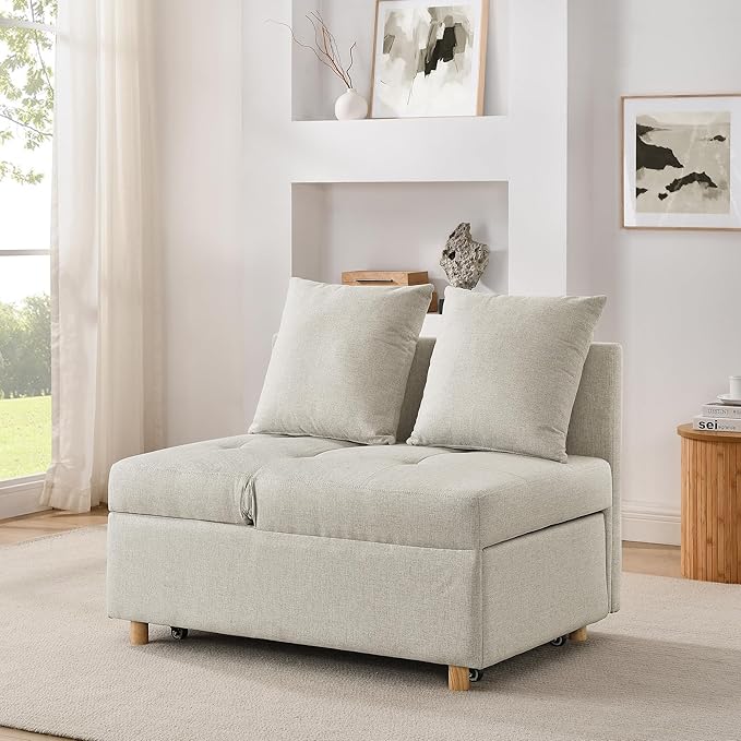 69.7 Convertible Sleeper Chair with Pull Out Bed Modern 3 in 1Comfy Single Reclining Sofa Recliner Futon Armchair with Adjustable Backrest Bed Chair for Bedroom Living Room Indoor Lounge.Beige