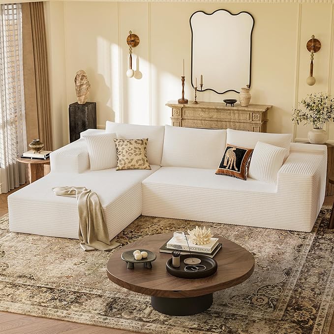 YESHOMY Boneless Couches for Living Room 108 Sectional Modular Sectional Sofa with Deep Seat Cloud Comfy Couch with L-Shape Chaise Easy Assembly (Corduroy Cream)