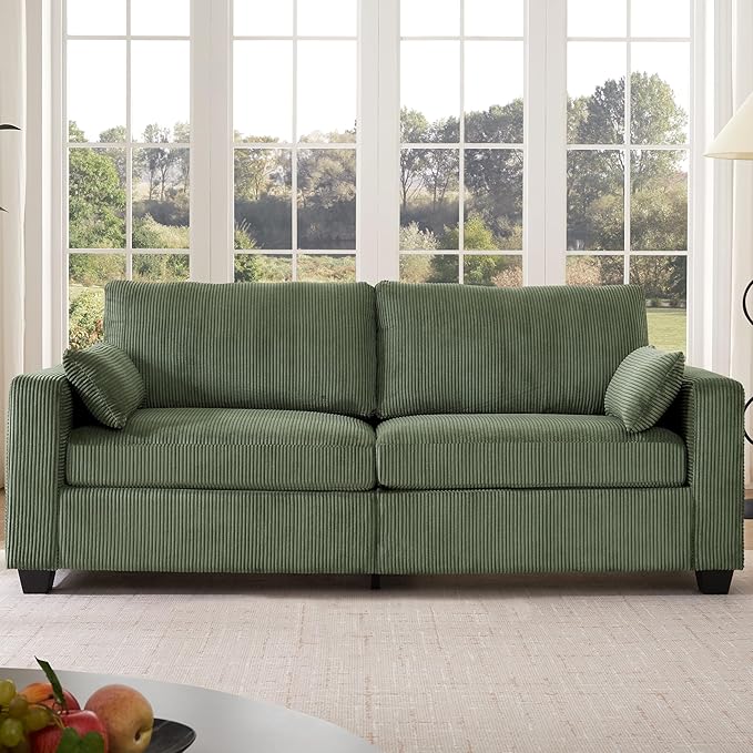 Modern Loveseat Sofa for Living Room Removable Cover Spring Cushions Solid Wood Frame Wide Armrest Corduroy Fabric Recliner Couches for Small Space (Green Corduroy 81 inch)