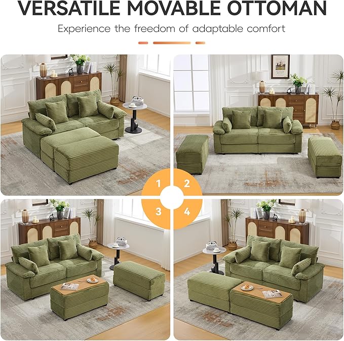 75 Corduroy Loveseat with Storage Ottoman &amp USB Cloud Deep Seat Couch with Convertible Ottoman Coffee Table Double Chaise Lounge for Living Room Green