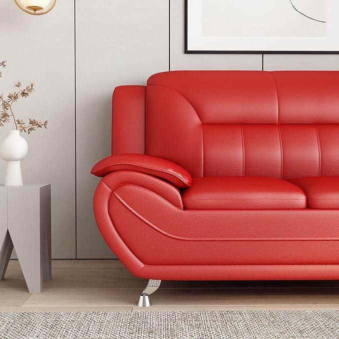 Michael Modern Faux Leather Upholstered Stainless Steel Legs Living Room Loveseat Persian Red