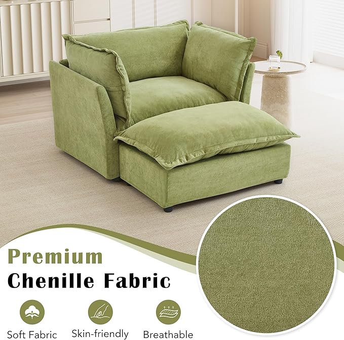 Merax Modern Armchair Sofa 47 Cozy Upholstered Sofa Chair with Movable Ottoman Wide Seat Curved Armrests and Soft Pillows for Living Room BedroomGreen