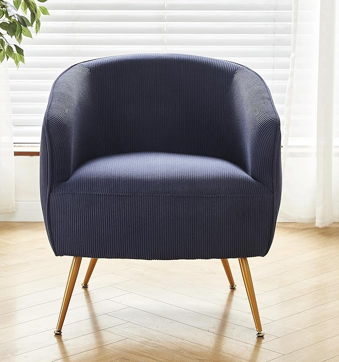 Modern Corduroy Accent Chair with Gold Metal Legs Channel Back Design and Soft Upholstery Comfortable Seating for Living Room Bedroom or Office Blue