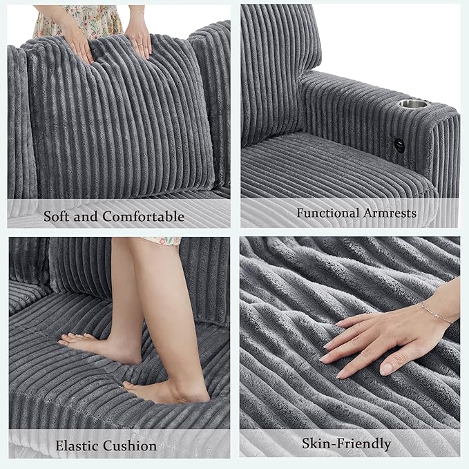 L-Shaped Sectional Sleeper Sofa with Pull Out Bed with Storage 5-Seat Sleeper Couch with USB Charging Convertible Design for Living Room Apartment Corduroy Fabric (Grey)