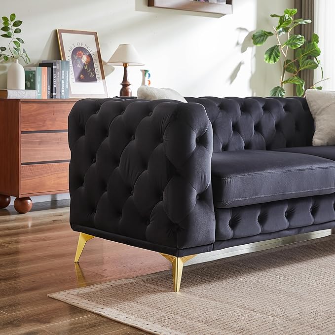KEIKI 2-Piece Luxury Chesterfield Sofa Set with 1 Velvet 3-Seater Sofa &amp 1 Loveseat Sofa Mid-Century 5-Seater Tufted Button Couch Set with 4 Pillow &amp High-Density Foam Cushion for Living Roo