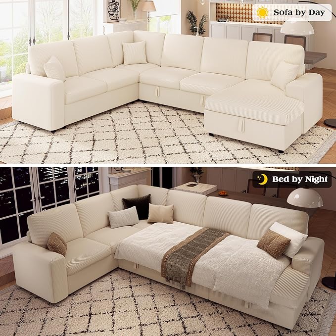 VanAcc 130 Sofa Bed Sectional Sleeper Sofa with Pull Out Bed Sleeper Couch with Storage 6 Seater Couch for Living Room Corduroy Off-White