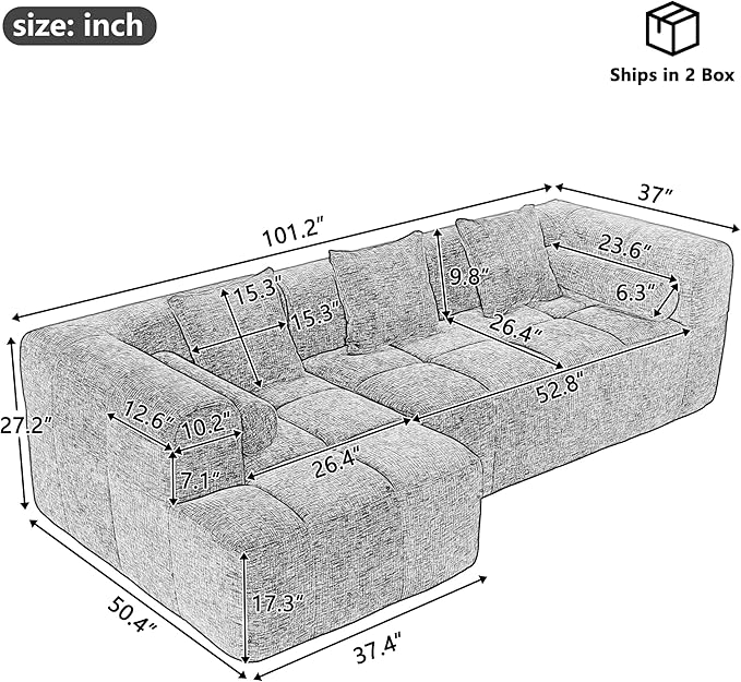 101.2 Sectional Sofa Full-Compressed Modular Sofa Couch Free-Combined Sofa with Deep Seating and Two Side Pockets for Living RoomBlue