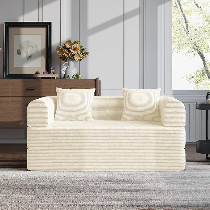 HouseMila 53.15 Convertible Sofa Bed4-in-1 Futon Sofa Bed Modular Loveseat Sleeper Folding Pull Out Couch with Pillows No Assembly Required Boneless Couch for Living Room Bedroom Guest RoomBeige
