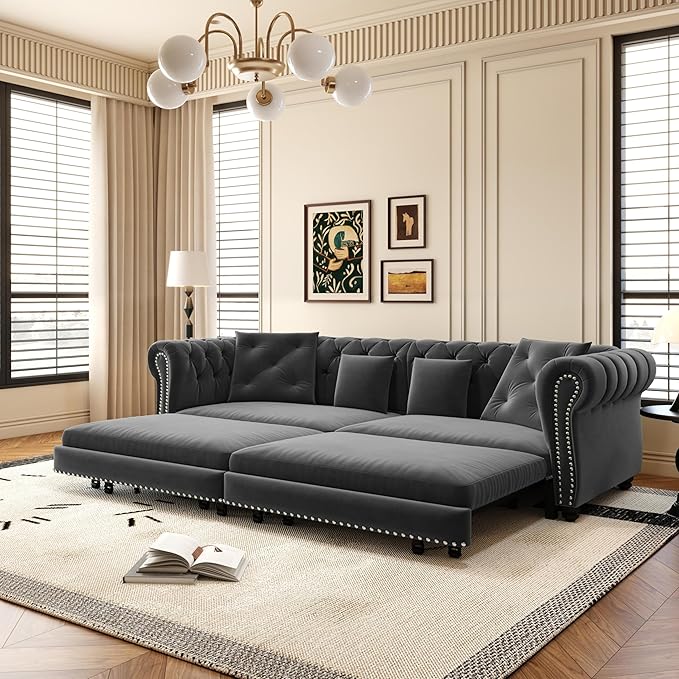89 King Size Sectional Sofa Bed Couch with Mini Ottoman and 4 Pillows 3 in 1 Convertible Pull Out Sleeper Sofa with Tufted Back and Nail-Head Arm Gray