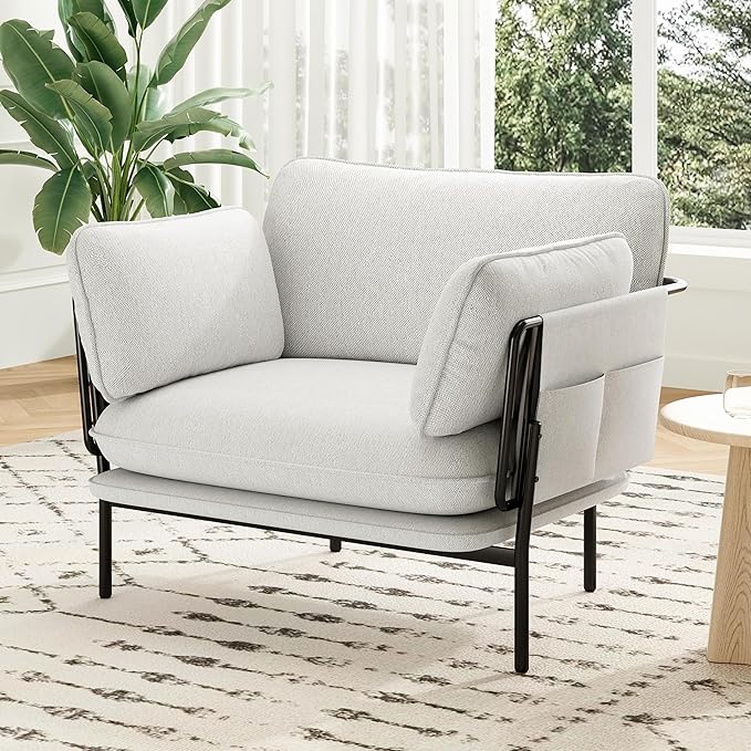 Modern Accent Chair for Living Room Oversized Reading Chair with Solid Metal Legs Upholstered Fabric Armchair with Side Pockets and 2 Pillows Comfy Accent Chairs for Bedroom Nursery White