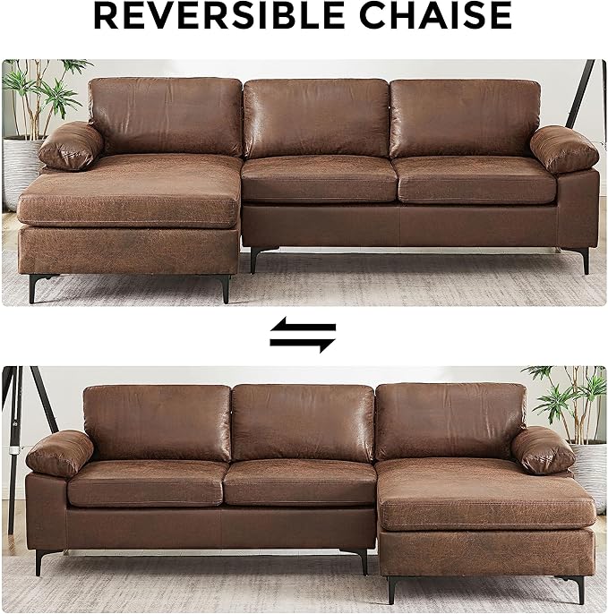 VANOMi 100 Couches for Living Room Faux Leather Sectional Sofa with Chaise Convertible L-Shape Sofa &amp Couches for Living Room3 Seater Apartment Right/Left-L-Shaped Dark Brown | Adjustable C