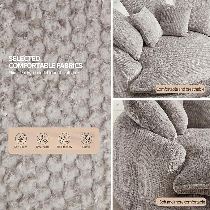 Oversized Fluffy Chenille Lounge Sofa - Extra Deep Seat Cozy Reading Circle Couch for Living Room | Indoor Lounge &amp Oversized Round Accent Design (Light Grey - with Ottoman)