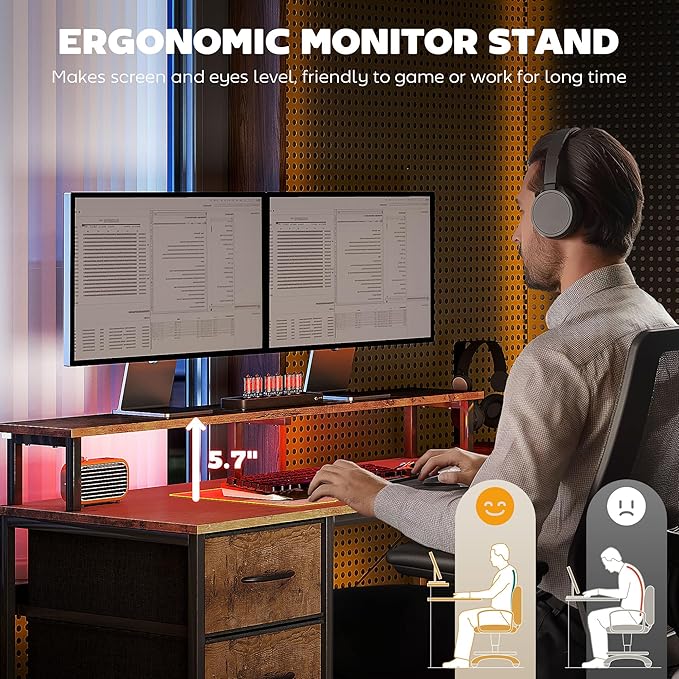 HOMCOM 66 L Shaped Gaming Desk Reversible 105 2 Person Computer Desk with File Cabinet and Fabric Drawers Power Outlets and LED Lights Monitor Stand Rustic Brown