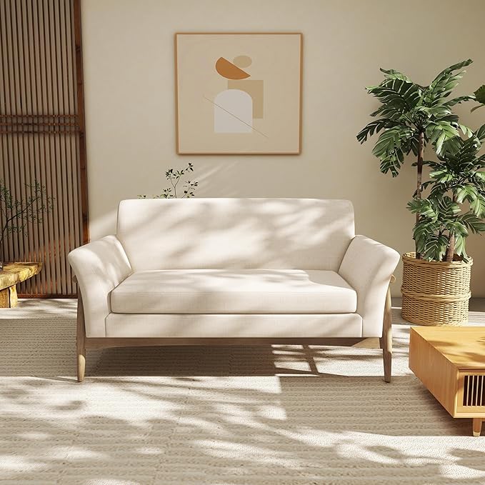 Christopher Knight Home Canna Fabric Flared Arms Loveseat Comfy Upholstery 2 Seater Sofa Wooden Frame Living Room Chair Soft Seating Lounge Sofa for Bedroom/Office Beige + Natural