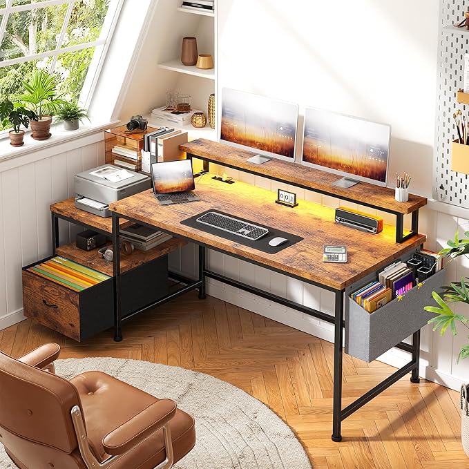 Computer Desk with Monitor StandOffice Desk with LED Lights &ampPower OutletsGaming Desk with Drawers &amp Printer ShelfWriting Table with Side Storage Bag57 W x 20 D x 36 HRustic Brown
