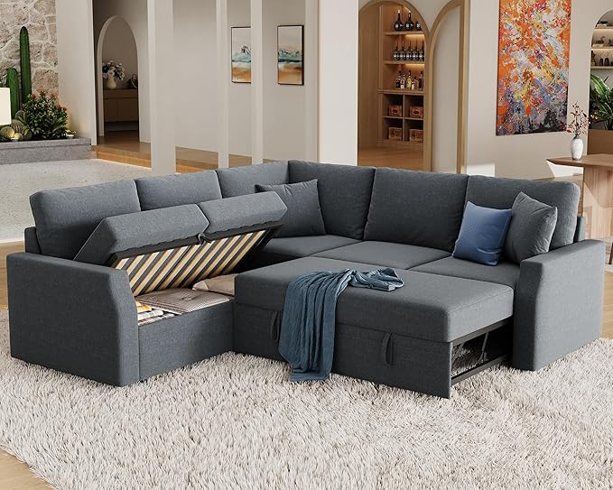 Jocisland Sofa Bed 85 Inch Sleeper Sofa with Pull Out Bed &amp Storage Seat Oversized L Shape Sectional Sofa for Living Room Apartment Grey Linen Reversible Couch