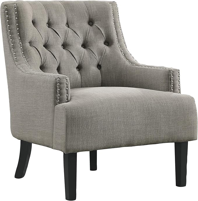 Modern Traditional Chair with Button Tufted Taupe Fabric Upholstery Solid Wood Design for Elegant Living Room